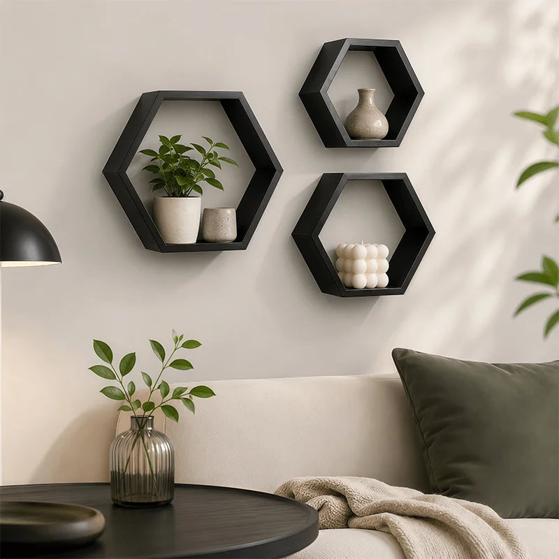 The Hexagon Floating Wall Shelf (Set of 3) — Matte Black