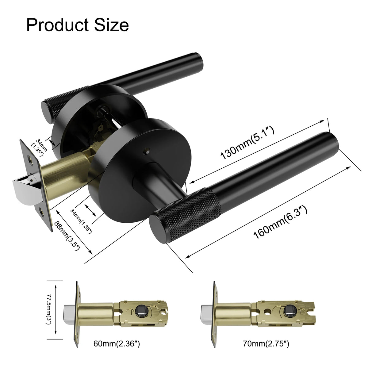 Viladepot Privacy Door Handle Front Knurled Handle Lever Matte Black Round Base Bedroom Bathroom Door Lock Reversible
