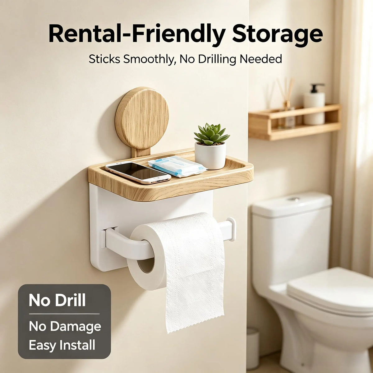 Punch‑Free Toilet Holder-Wood‑Grain