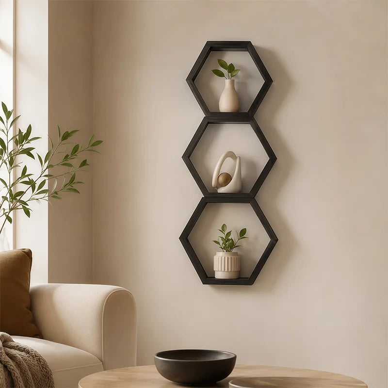 The Hexagon Floating Wall Shelf (Set of 3) — Matte Black