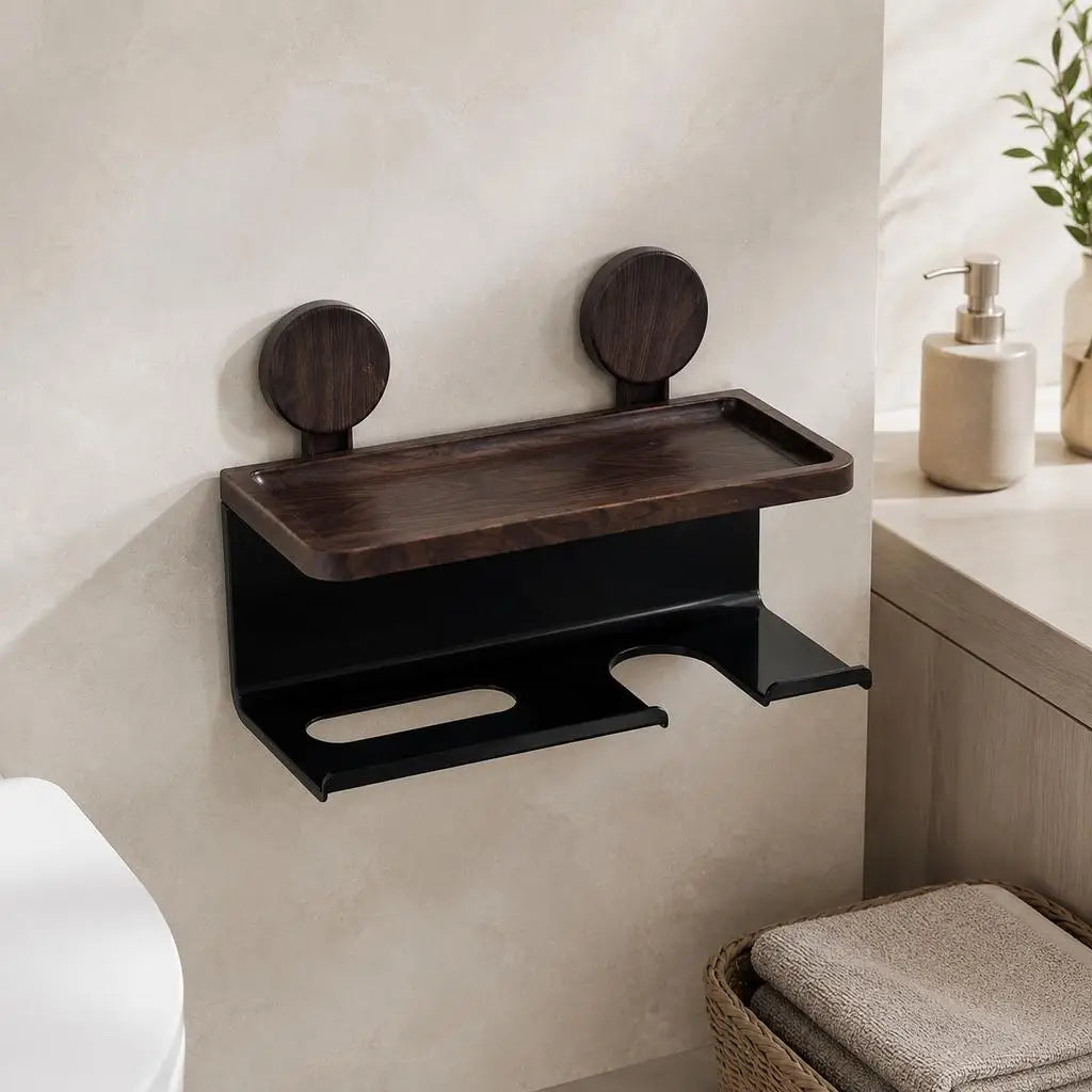 The 3-in-1 Toilet Paper & Accessory Holder — White & Matte Black