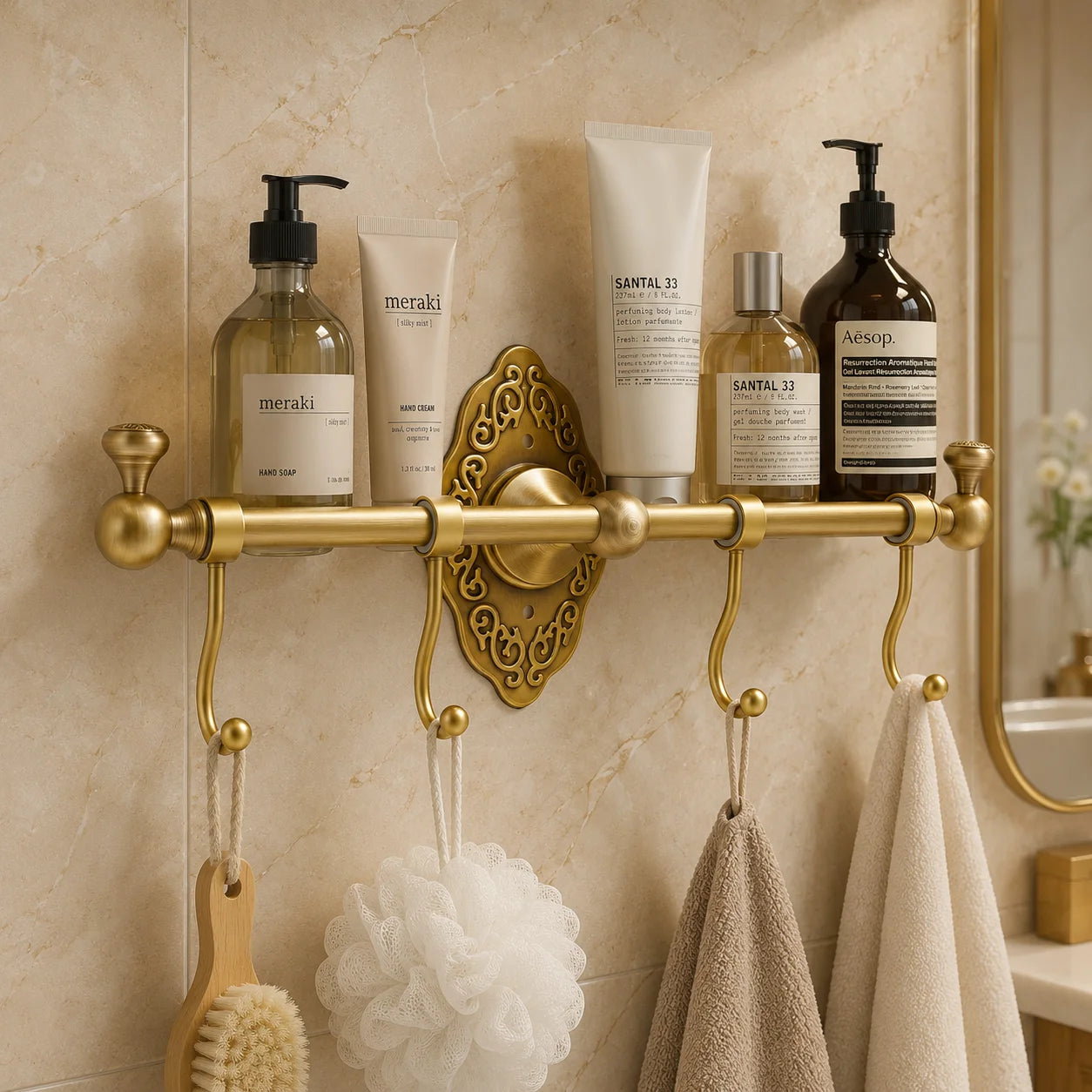 The Gallery Towel & Garment Rack (4-Hook) — Brushed Brass