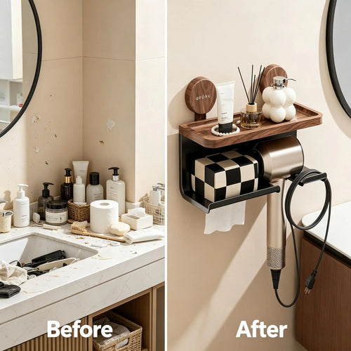 The 3-in-1 Toilet Paper & Accessory Holder — White & Matte Black
