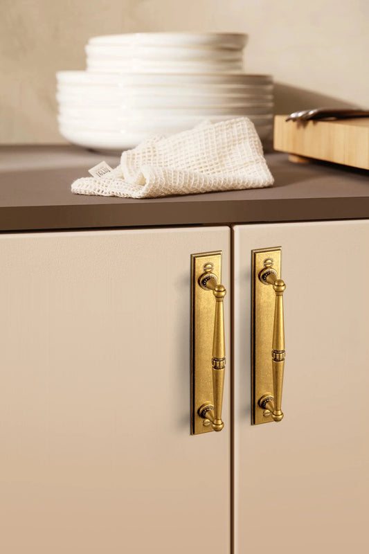 The Vintage Multi-Size Backplate Cabinet Pull (Set of 2) — Brushed Brass