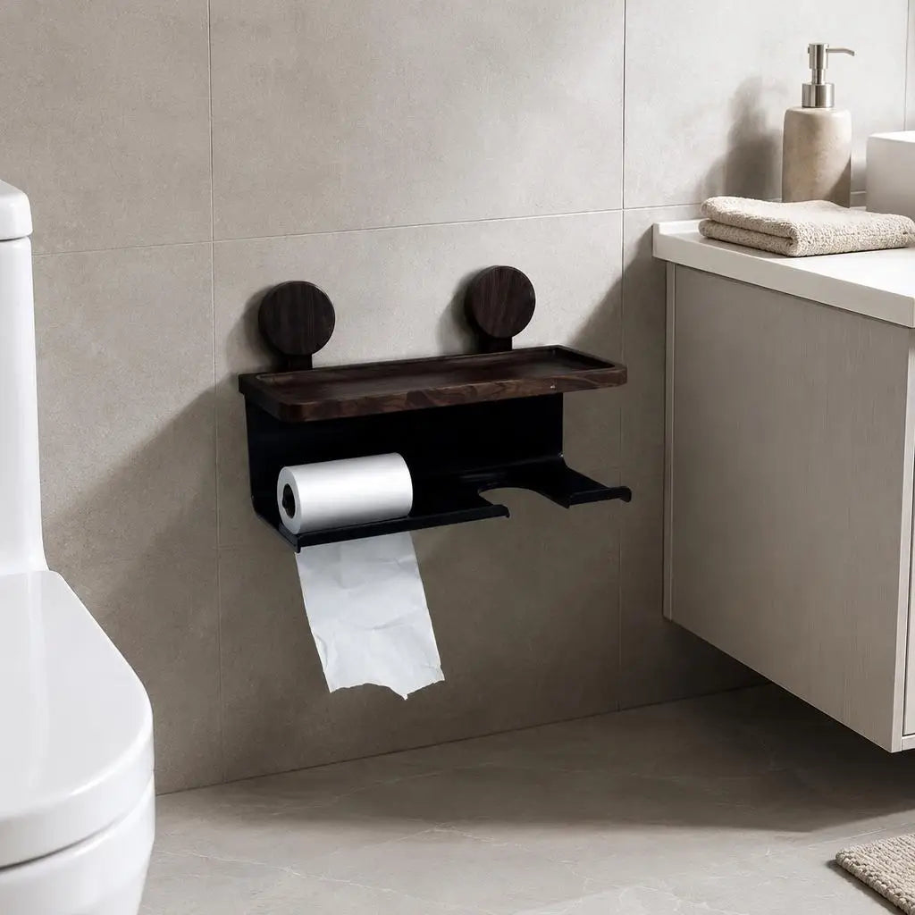 The 3-in-1 Toilet Paper & Accessory Holder — White & Matte Black
