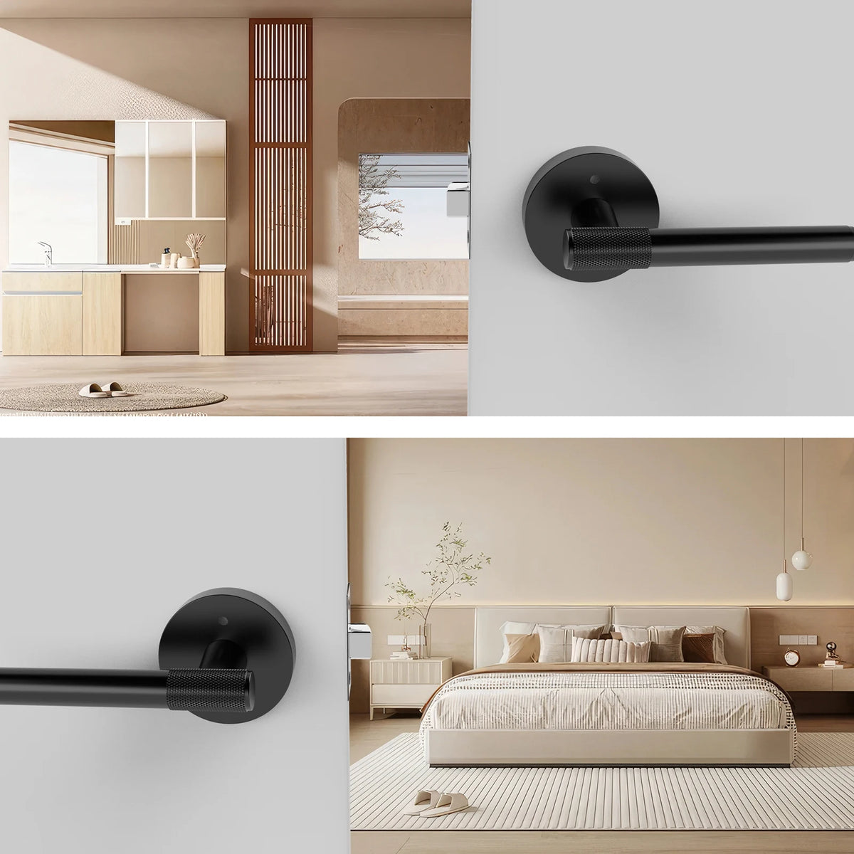 Viladepot Privacy Door Handle Front Knurled Handle Lever Matte Black Round Base Bedroom Bathroom Door Lock Reversible