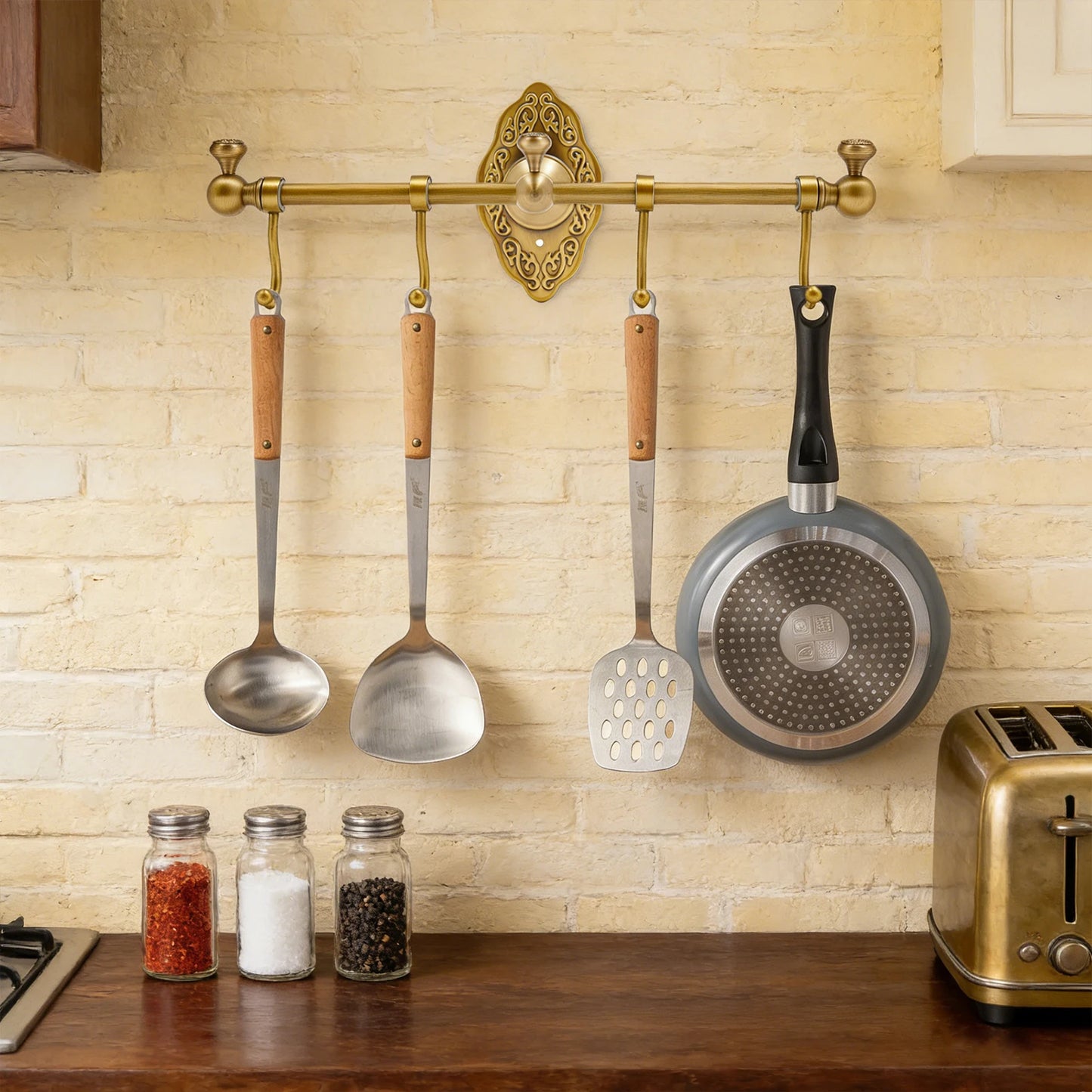 The Gallery Towel & Garment Rack (4-Hook) — Brushed Brass