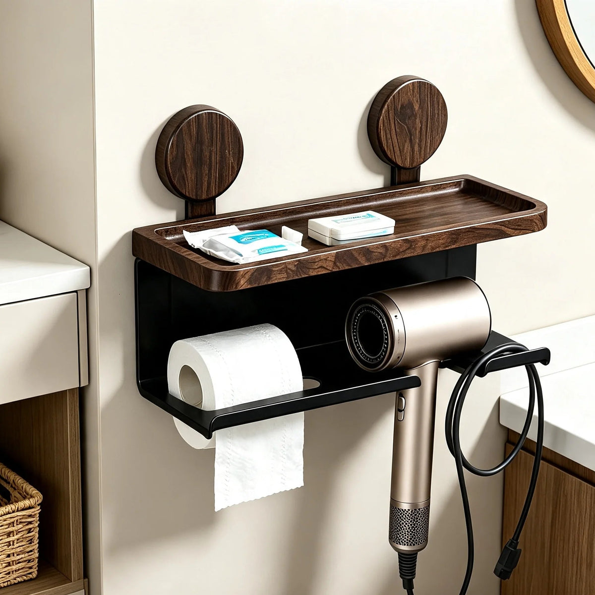 The 3-in-1 Toilet Paper & Accessory Holder — White & Matte Black