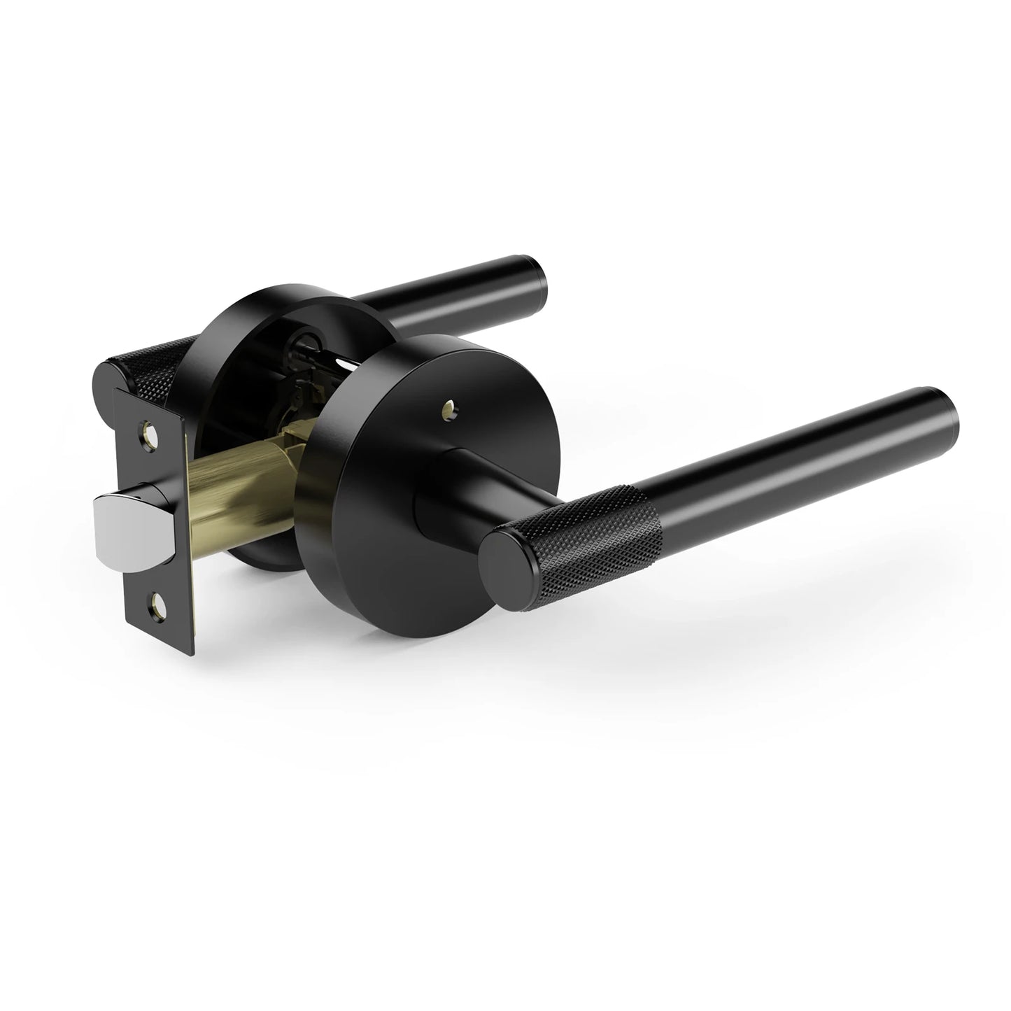 Viladepot Privacy Door Handle Front Knurled Handle Lever Matte Black Round Base Bedroom Bathroom Door Lock Reversible