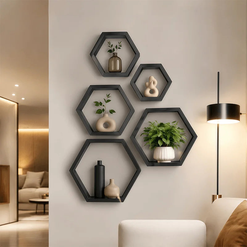 The Hexagon Floating Wall Shelf (Set of 3) — Matte Black