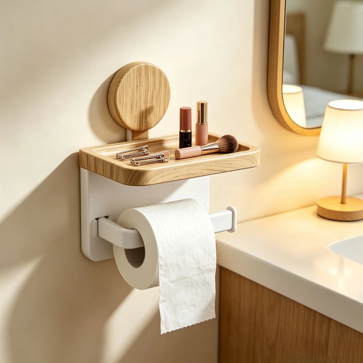 Punch‑Free Toilet Holder-Wood‑Grain