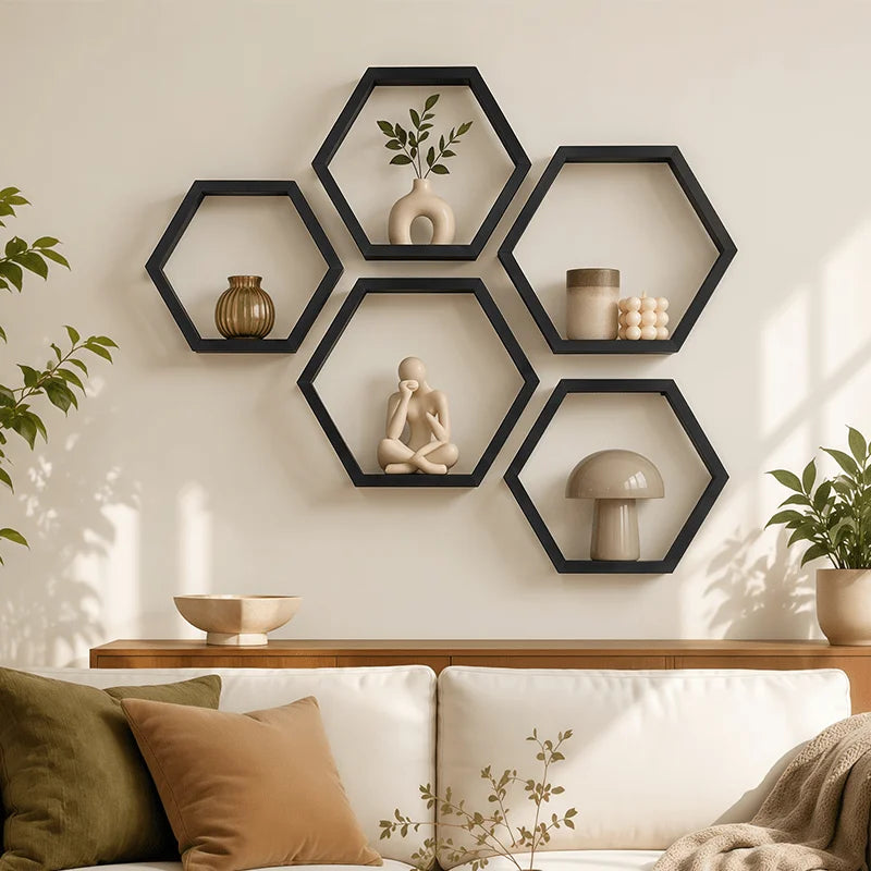 The Hexagon Floating Wall Shelf (Set of 3) — Matte Black