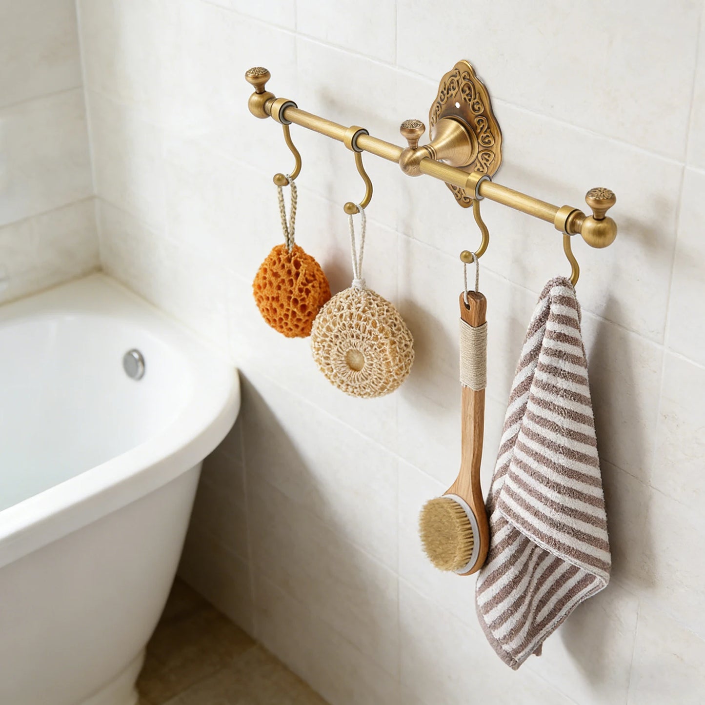 The Gallery Towel & Garment Rack (4-Hook) — Brushed Brass