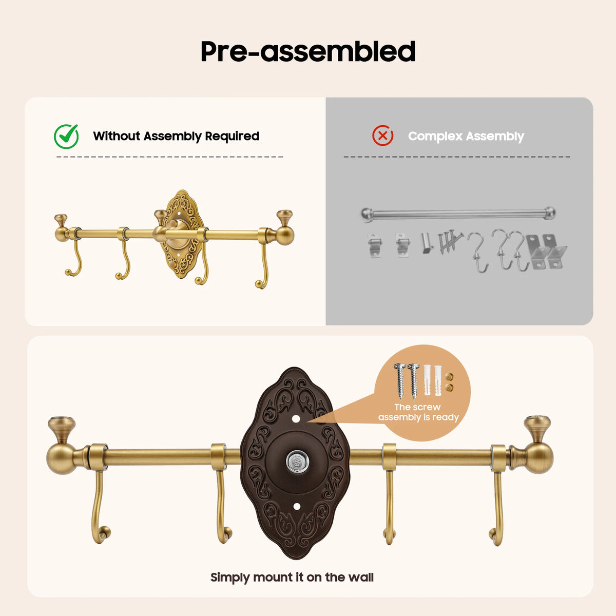 The Gallery Towel & Garment Rack (4-Hook) — Brushed Brass