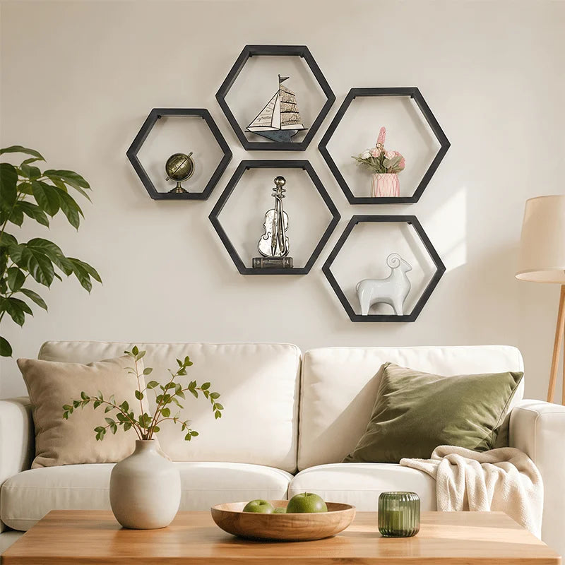 The Hexagon Floating Wall Shelf (Set of 3) — Matte Black