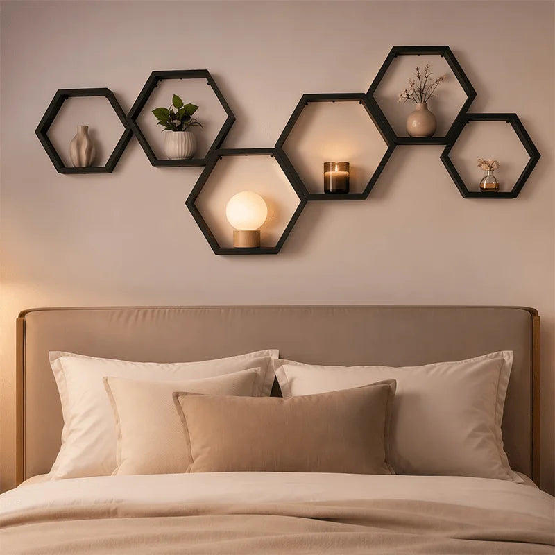 The Hexagon Floating Wall Shelf (Set of 3) — Matte Black