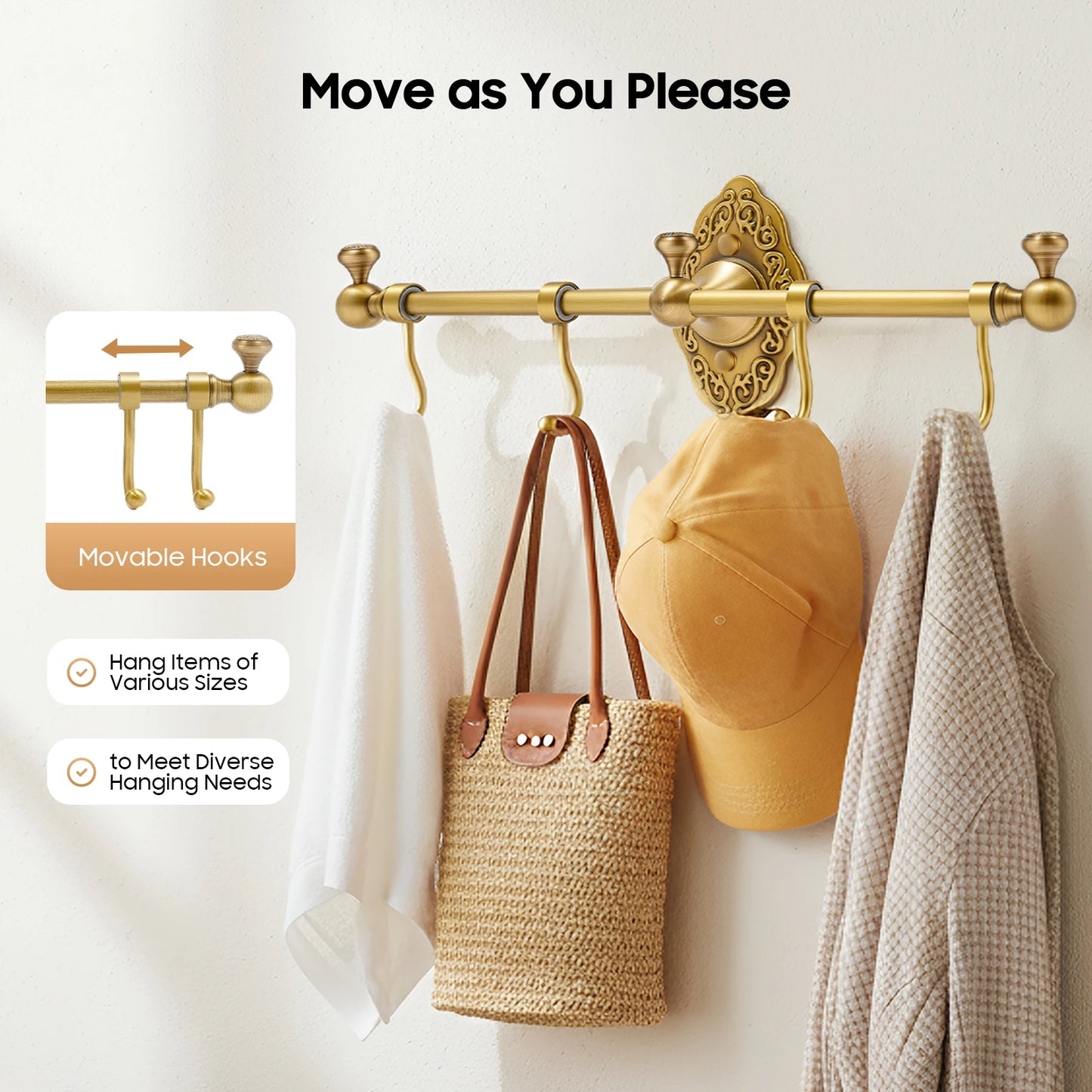 The Gallery Towel & Garment Rack (4-Hook) — Brushed Brass
