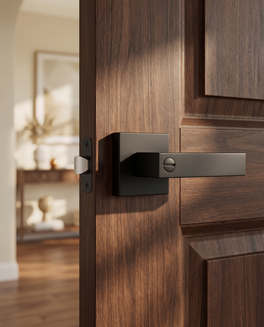 The Foundry Privacy Door Leverset lifestyle hero shot on walnut hallway door