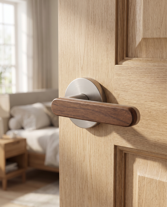 The Ridgeline Privacy Door Lever lifestyle hero shot on white oak bedroom door