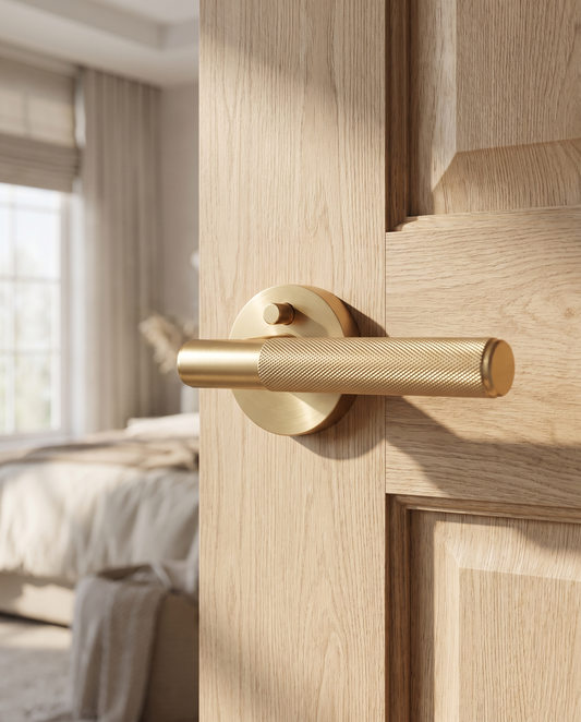 The Knurled Round-Base Privacy Door Lever lifestyle hero shot on white oak bedroom door