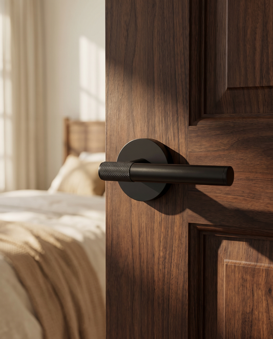 Viladepot Front Knurled Handle Lever lifestyle hero shot on walnut bedroom door