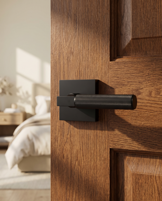 The Knurled Privacy Door Lever lifestyle hero shot on warm brown wood door